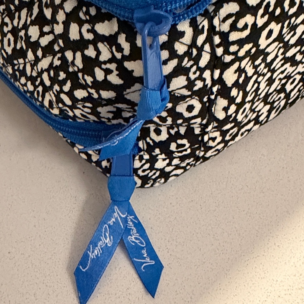 Vera Bradley Black & White Leopard Print Cosmetic Case with Bright Blue Trim - Picture 3 of 8